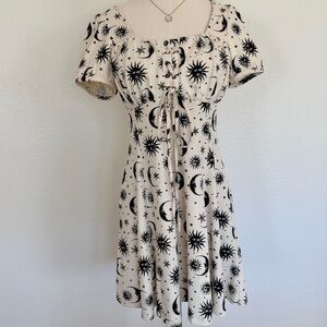 🌞 🌙 Celestial Moon Sun Print Soft Knit Bustier Short Sleeves Mini Dress